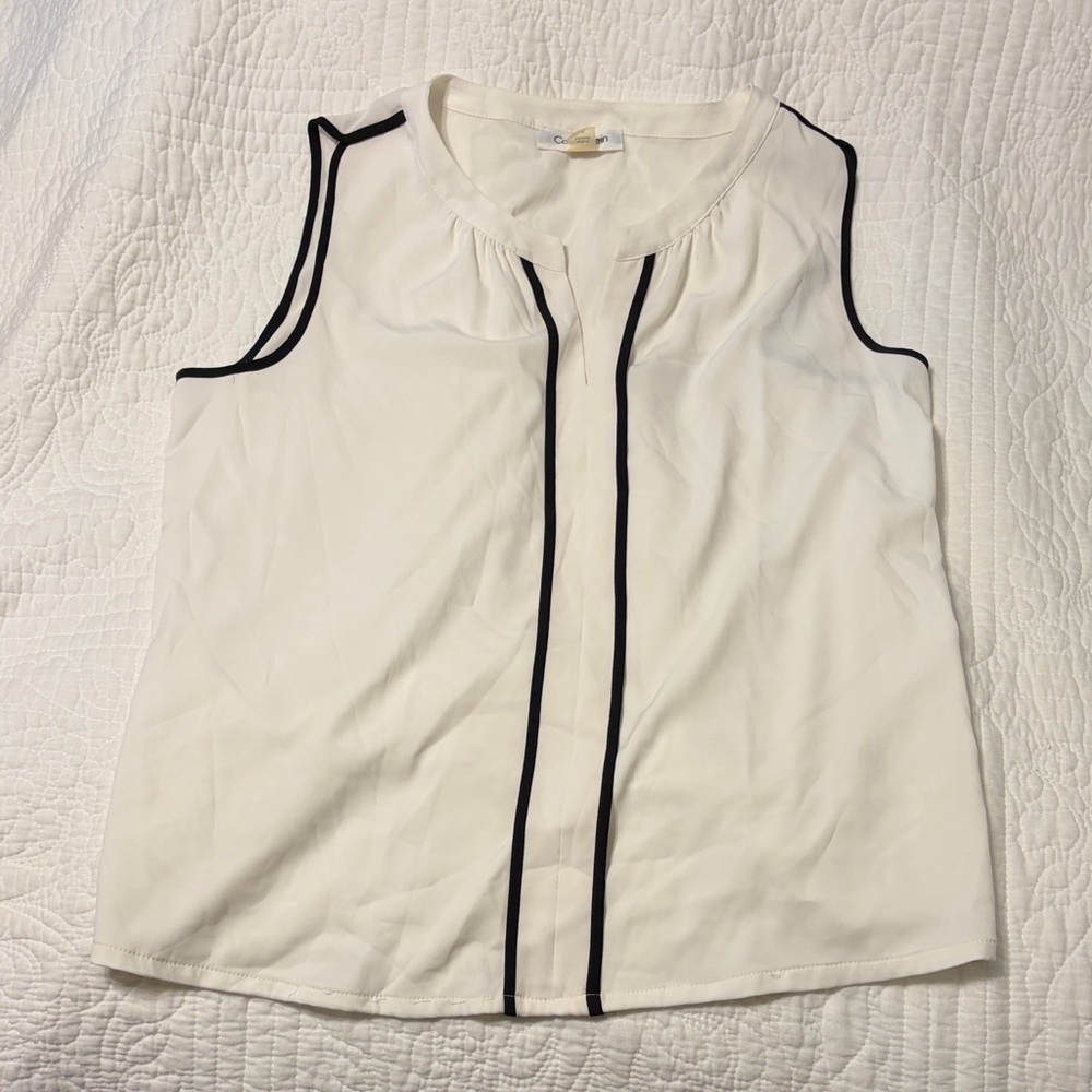 Calvin Klein White Sleeveless Blouse with Black Trim